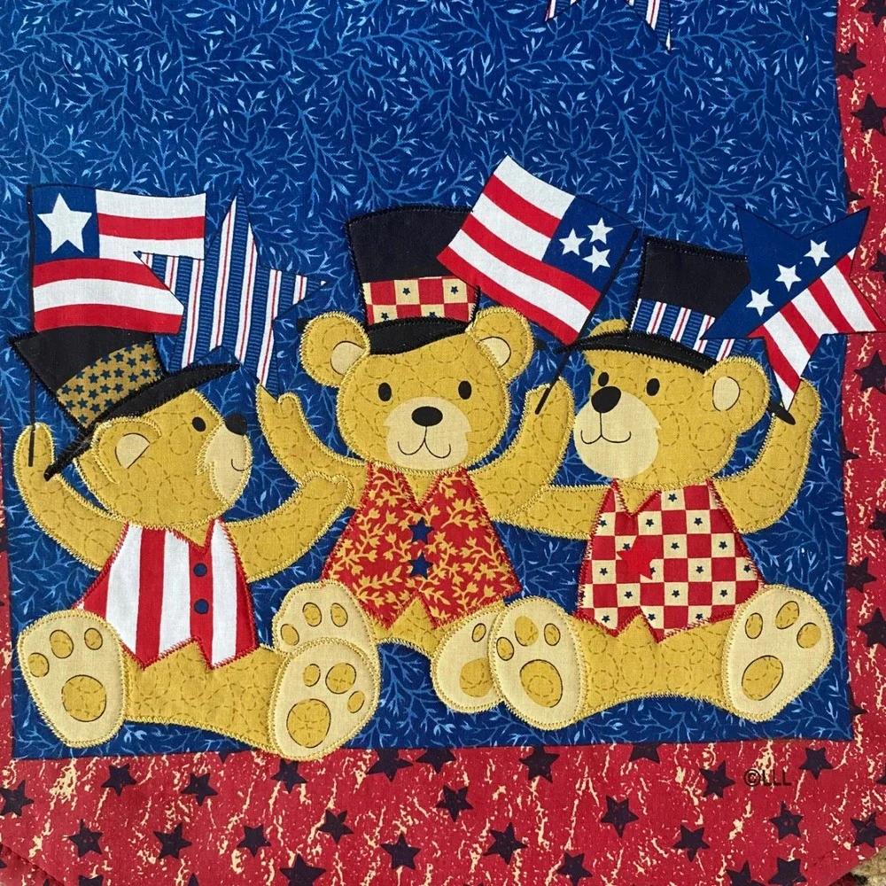 Americana Patriotic‎ Teddy Bear Quilted Table Runner 4th of July Blue Stars 36in